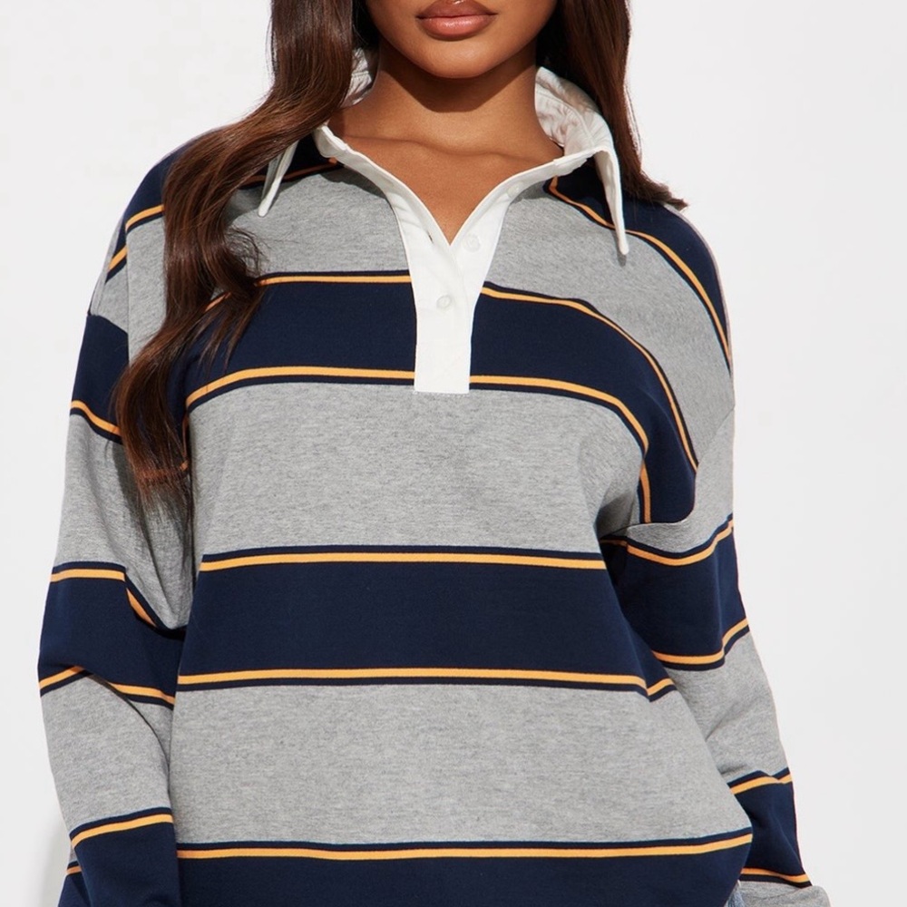Fashion Nova Navy and Gray Striped Button Down Shirt